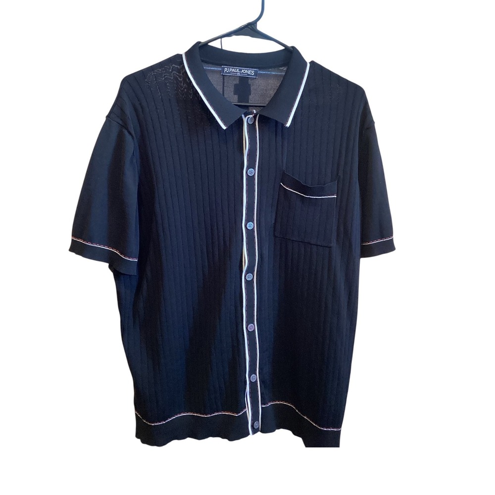 PJ Paul Jones Mens XL Knit Button Up Shirt Short Sleeve Ribbed Black Trim